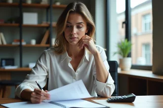 Femme en bureau examinant un contrat avec concentration
