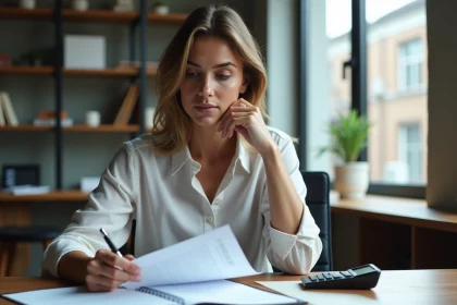 Femme en bureau examinant un contrat avec concentration