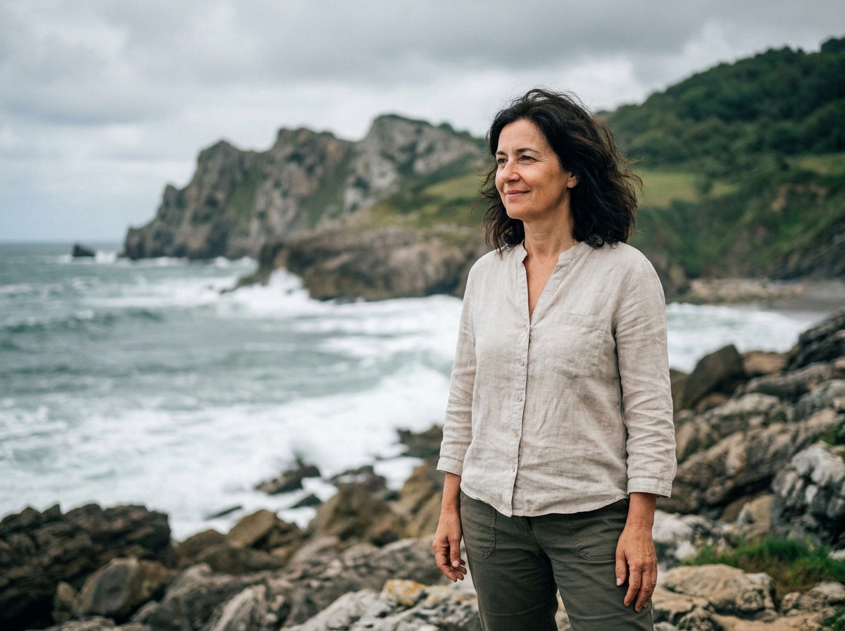 Femme se tenant sur la côte atlantique basque en Nouvelle-Aquitaine