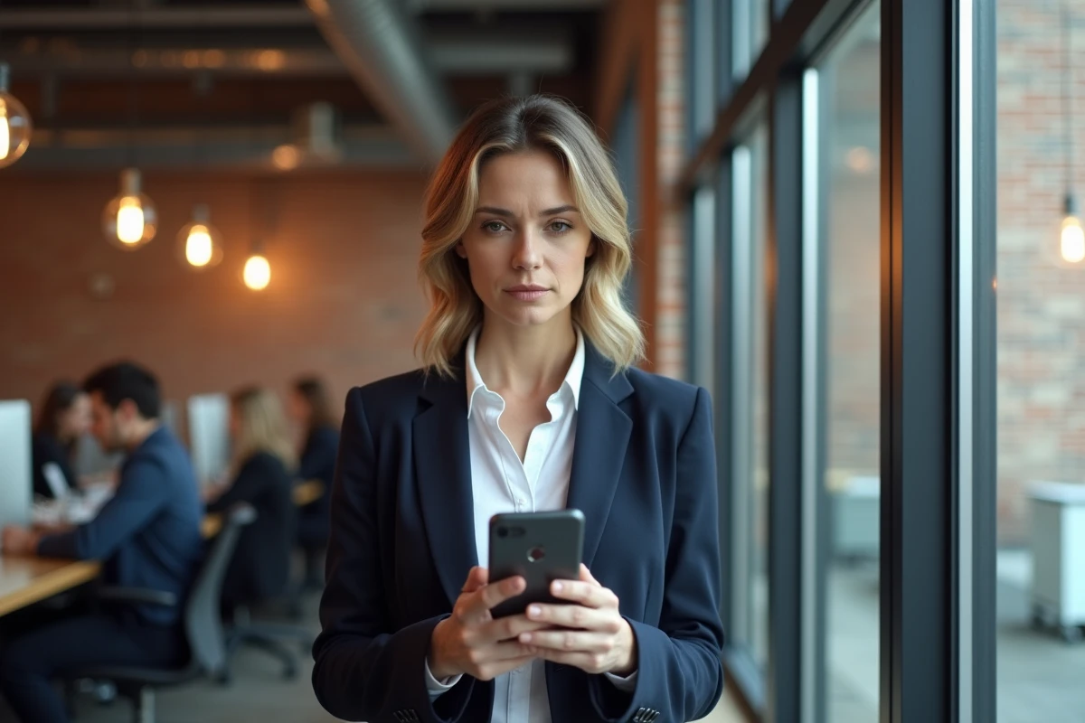 Femme en espace de coworking consultant son téléphone face à une erreur d'accès sur Afpa Metisse