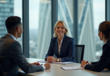 Femme en costume navy dirigeant une réunion d'équipe en entreprise