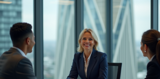 Femme en costume navy dirigeant une réunion d'équipe en entreprise