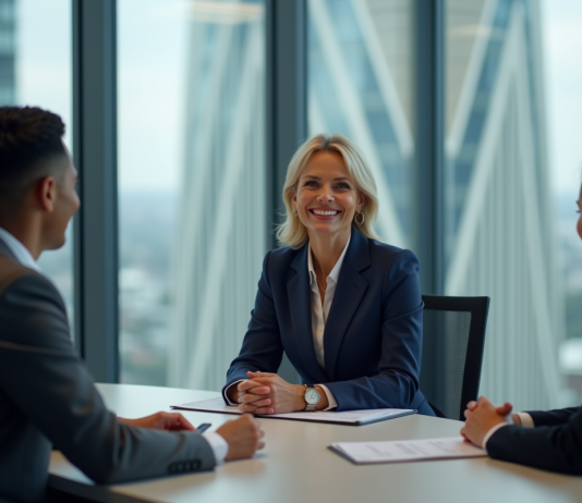 Femme en costume navy dirigeant une réunion d'équipe en entreprise