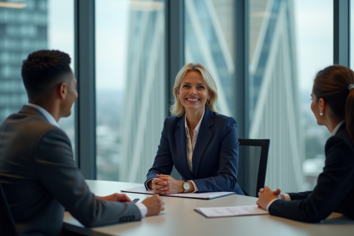 Femme en costume navy dirigeant une réunion d'équipe en entreprise