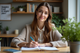 Femme en bureau moderne écrivant dans un carnet