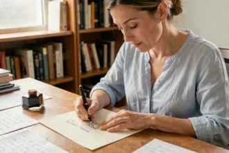 Femme écrivant un Q majuscule attaché à la plume sur papier crème dans un bureau en bois vintage