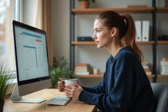 Femme organisée consultant son emploi du temps numérique sur un écran d'ordinateur dans un bureau à domicile ordonné