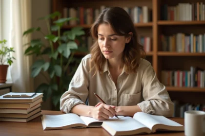 Femme étudiant le subjonctif imparfait espagnol avec des livres de grammaire et un cahier de conjugaison sur un bureau en bois