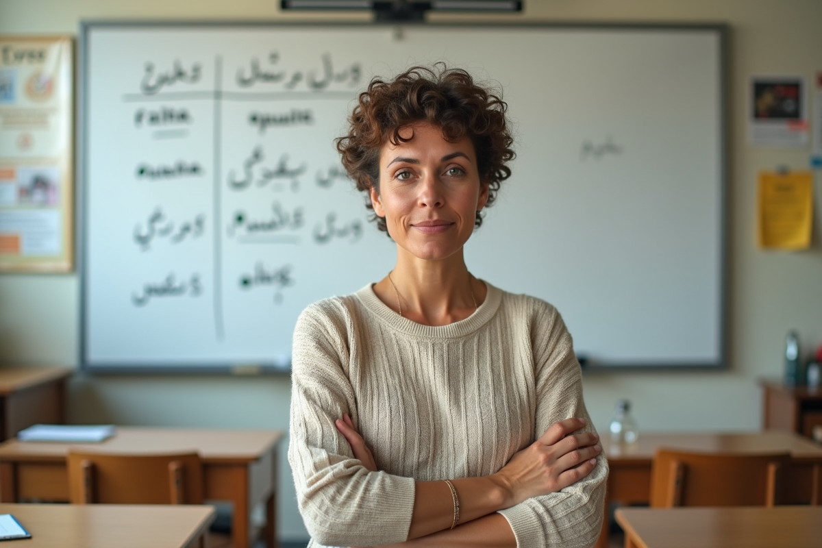 Femme française en classe avec tableau de voyelles arabes et phonétique