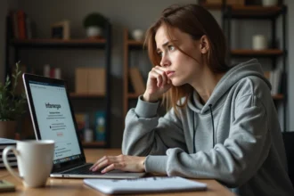 Jeune femme frustrée devant un écran d'ordinateur affichant une erreur sur la plateforme Afpa Metisse