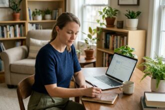 Femme concentrée travaillant à son bureau à domicile