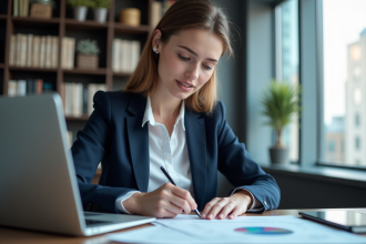 Jeune femme professionnelle examine un rapport ESG au bureau