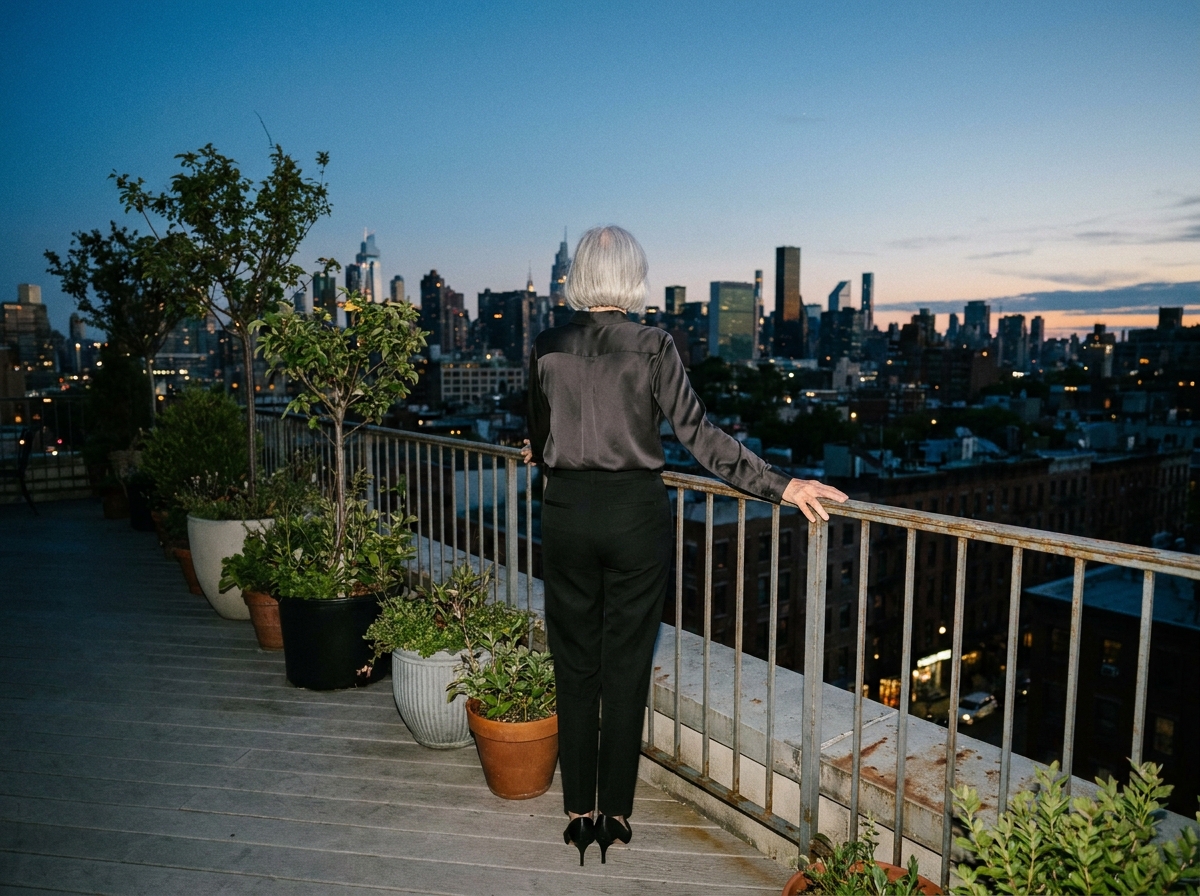 Femme dirigeante sur un toit au crépuscule regardant l