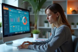 Une femme consultante en marketing digital analysant un tableau de bord d'emailing pour relancer des abandons de commande de formations en ligne