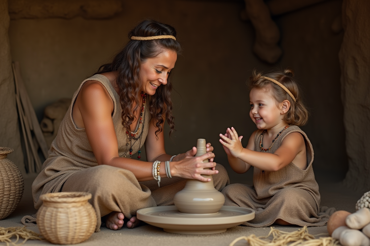 Femme neolithique montrant la fabrication de poterie à un enfant