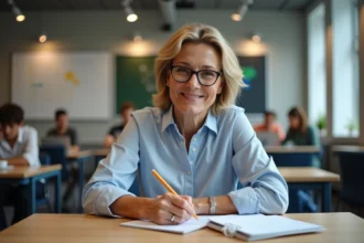 Femme prenant des notes dans une salle de formation adulte