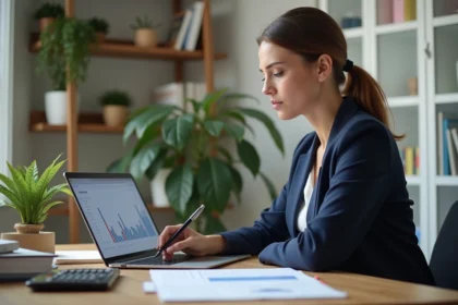 Femme active consultant ses documents financiers pour optimiser son CPF sur un bureau moderne