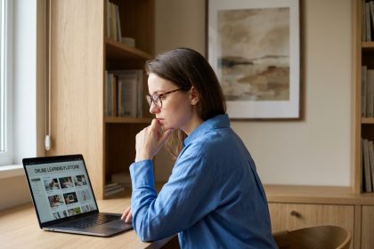 Jeune femme regardant son ordinateur pour choisir un cours en ligne