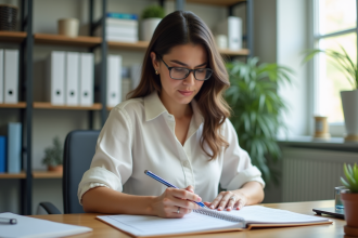 Femme concentrée avec agenda coloré dans un bureau moderne