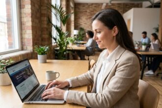Femme professionnelle consultant une plateforme de recrutement de talents sur son ordinateur portable dans un espace de coworking moderne