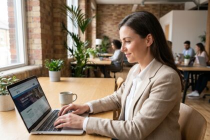 Femme professionnelle consultant une plateforme de recrutement de talents sur son ordinateur portable dans un espace de coworking moderne