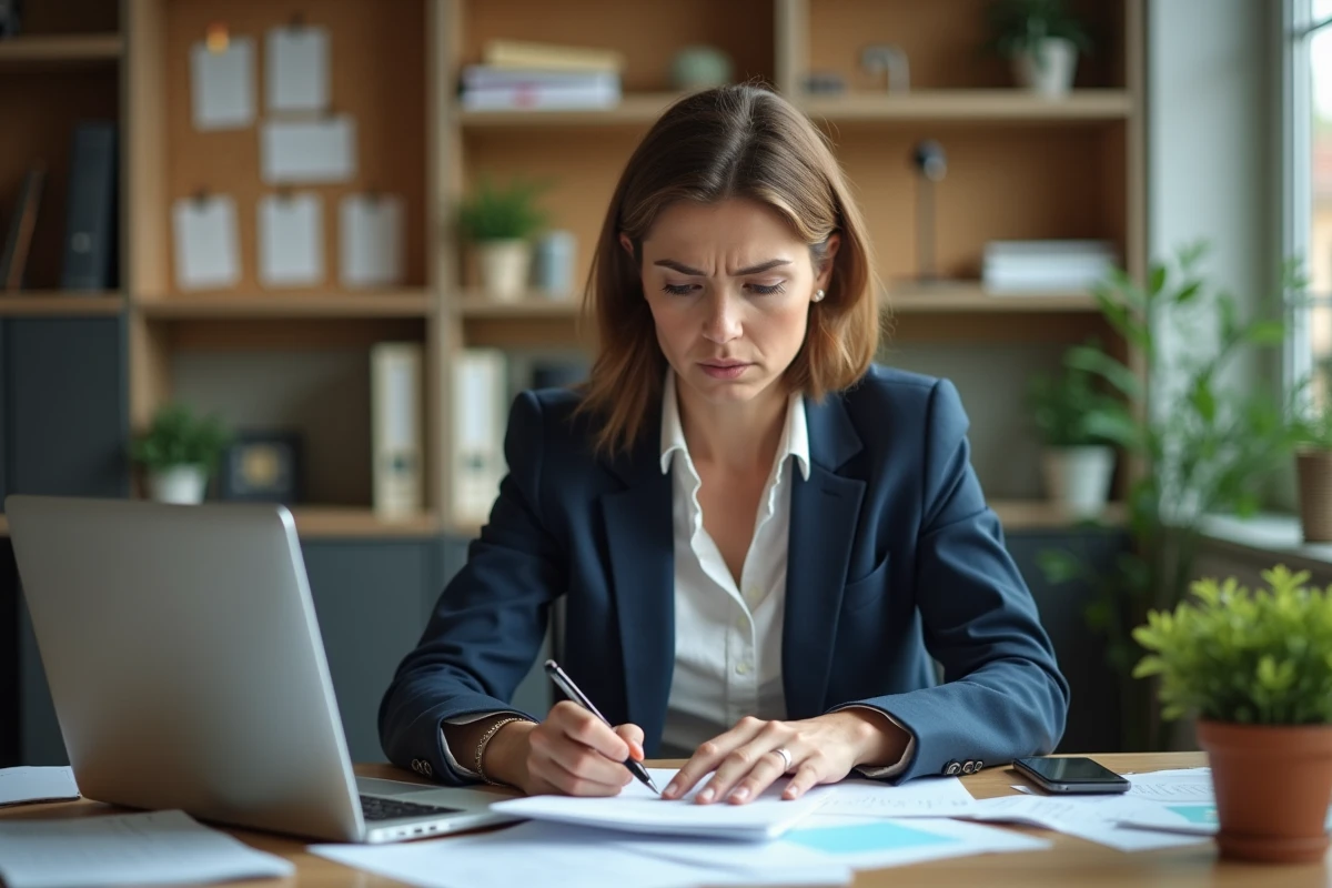 Femme d affaires frustrée répondant à un test de qi sur son ordinateur