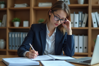 Femme professionnelle en bureau évaluant des formulaires