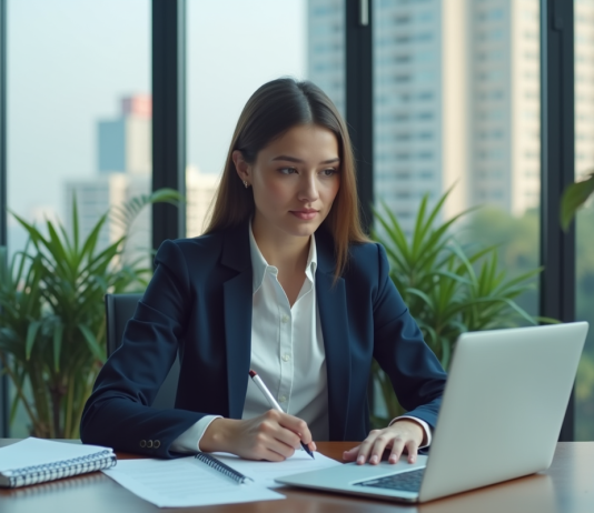 Reconnaître ses compétences : stratégies efficaces pour se démarquer Jeune femme en blazer bleu dans un bureau moderne