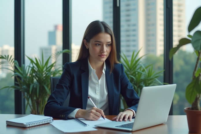 femme-professionnelle-bureau Jeune femme en blazer bleu dans un bureau moderne