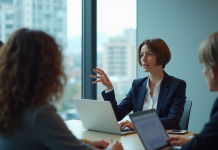 Formation en social selling : une offre pédagogique unique par Emmanuelle Petiau Femme professionnelle en réunion dans un bureau moderne