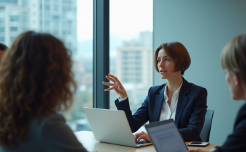 Formation en social selling : une offre pédagogique unique par Emmanuelle Petiau Femme professionnelle en réunion dans un bureau moderne