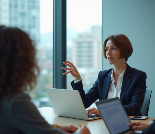 Formation en social selling : une offre pédagogique unique par Emmanuelle Petiau Femme professionnelle en réunion dans un bureau moderne