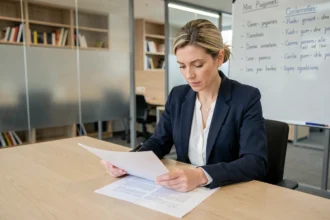 Femme professionnelle corrigeant des documents écrits en français dans un bureau moderne, illustrant la maîtrise de la conjugaison du verbe accueillir au présent