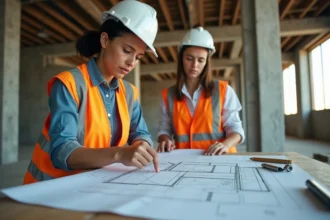 Femme adulte en reconversion professionnelle dans le bâtiment, étudiant des plans architecturaux sur un chantier de construction