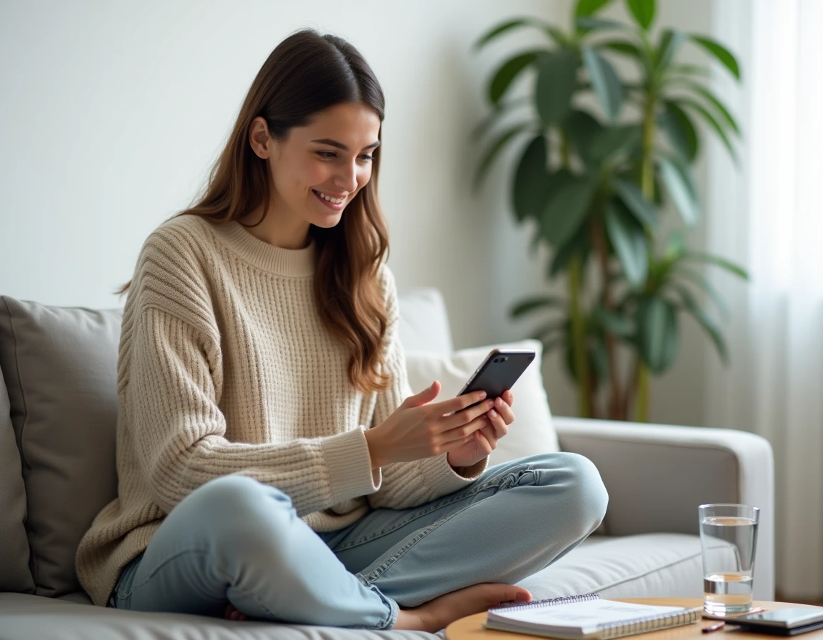 Femme consultant les résultats d'un test de mémoire sur smartphone dans un salon moderne