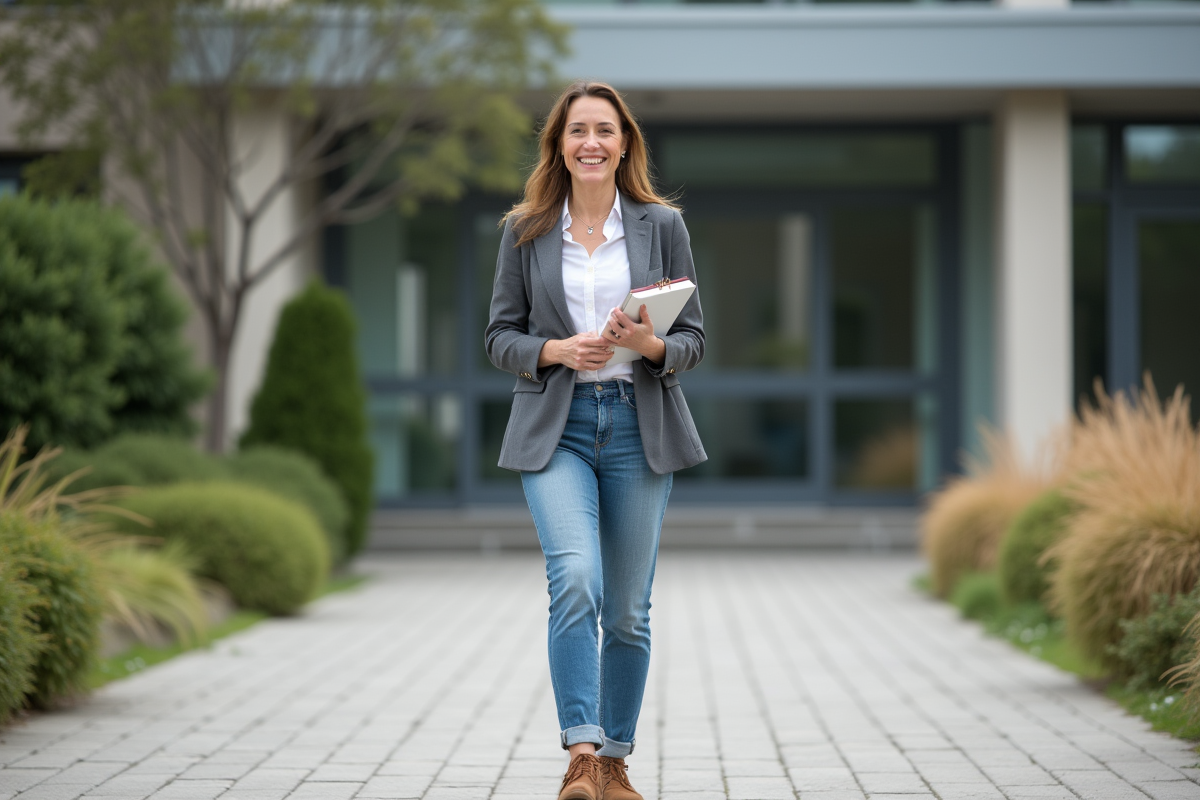 Femme souriante sortant d’un centre de formation en extérieur
