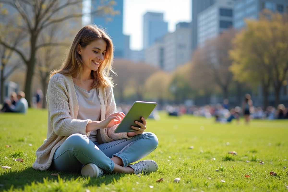 Femme souriante dans un parc urbain avec tablette en main
