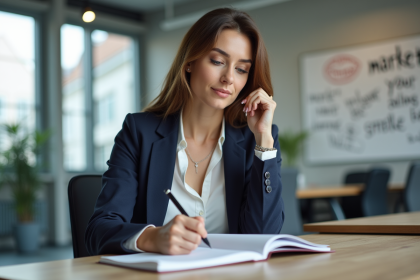 Femme concentrée écrivant dans un bureau moderne pour l'article