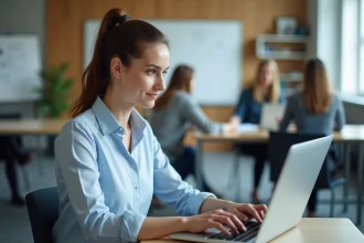 Femme concentrée utilisant un ordinateur avec la plateforme Normandie
