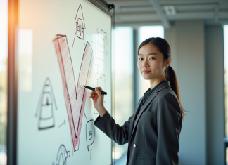 Vers une carrière dans un métier en V : opportunités et défis Jeune femme en tenue d'affaires écrivant sur un tableau blanc avec un grand V
