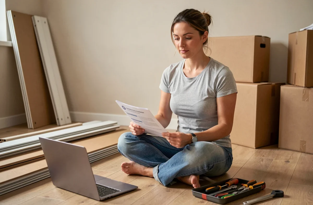 Femme consultant un tutoriel en ligne pour assembler des meubles lors d'une rénovation maison