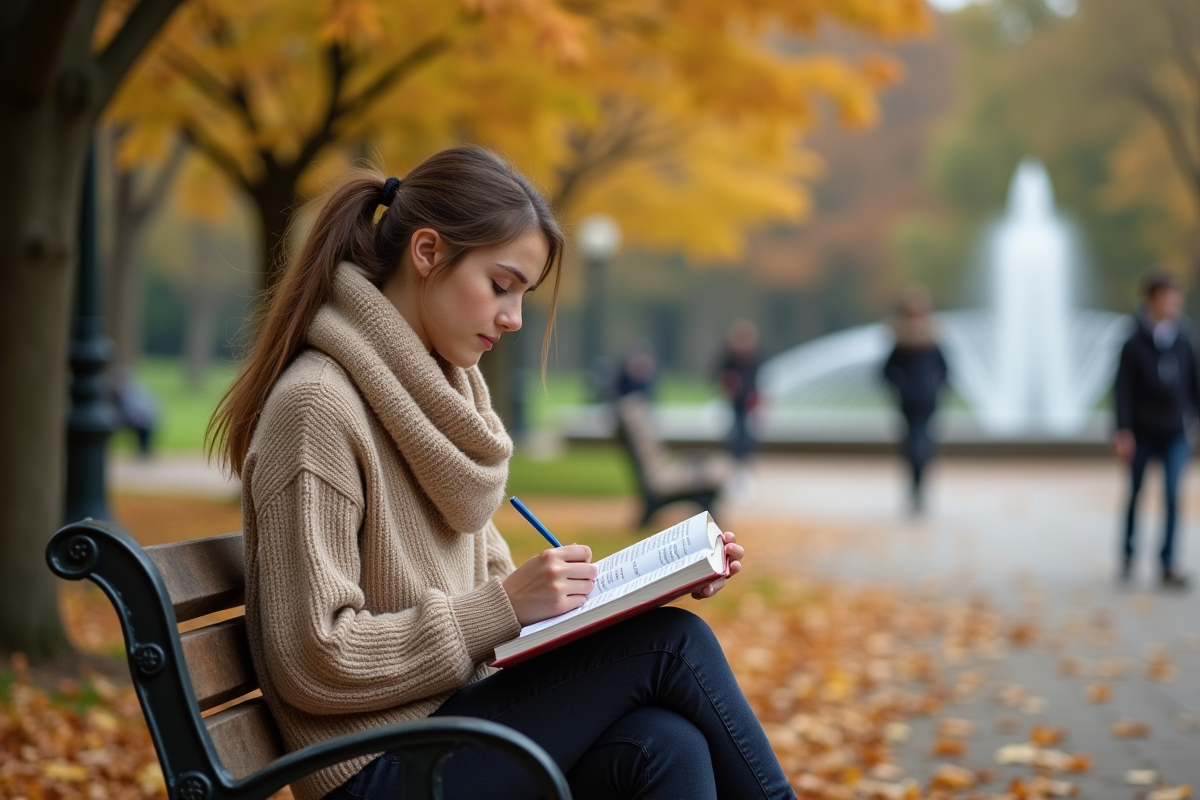 Jeune femme lisant dans un parc en automne avec feuilles