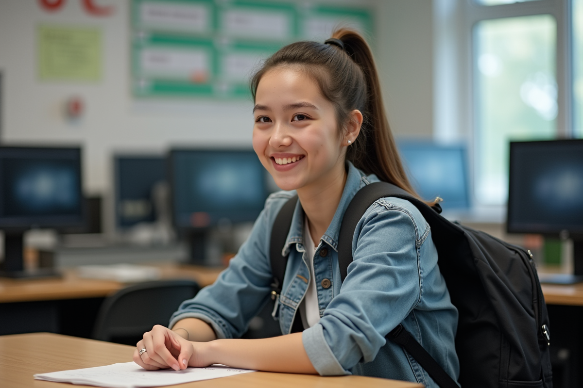 Jeune femme souriante en classe technique avec ordinateur