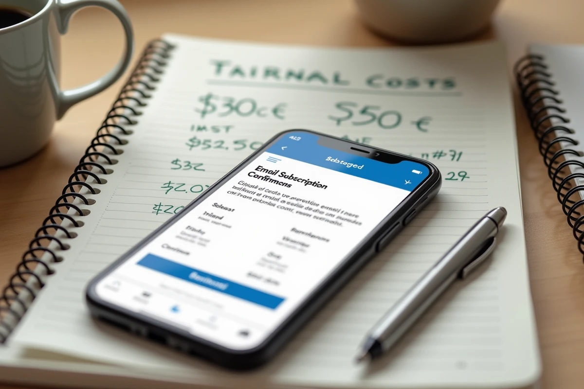 Flat lay d'un smartphone avec page d'abonnement emailing, cahier de calculs et tasse à café sur bureau en bois