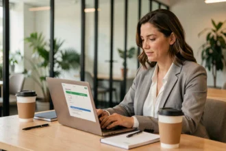 Femme adulte en formation professionnelle rémunérée sur ordinateur portable dans un espace de coworking moderne