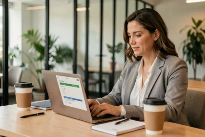 Femme adulte en formation professionnelle rémunérée sur ordinateur portable dans un espace de coworking moderne