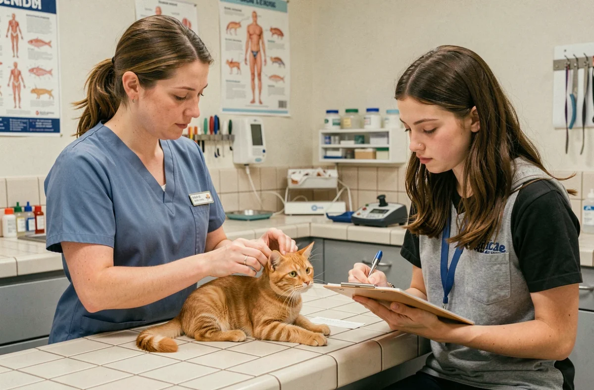 Vétérinaire supervisant une étudiante ASV en alternance lors d'un examen clinique sur un petit animal dans une salle de consultation équipée