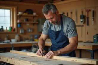 Homme adulte mesurant une planche en bois dans un atelier de bricolage bien organisé, formation bricolage pratique