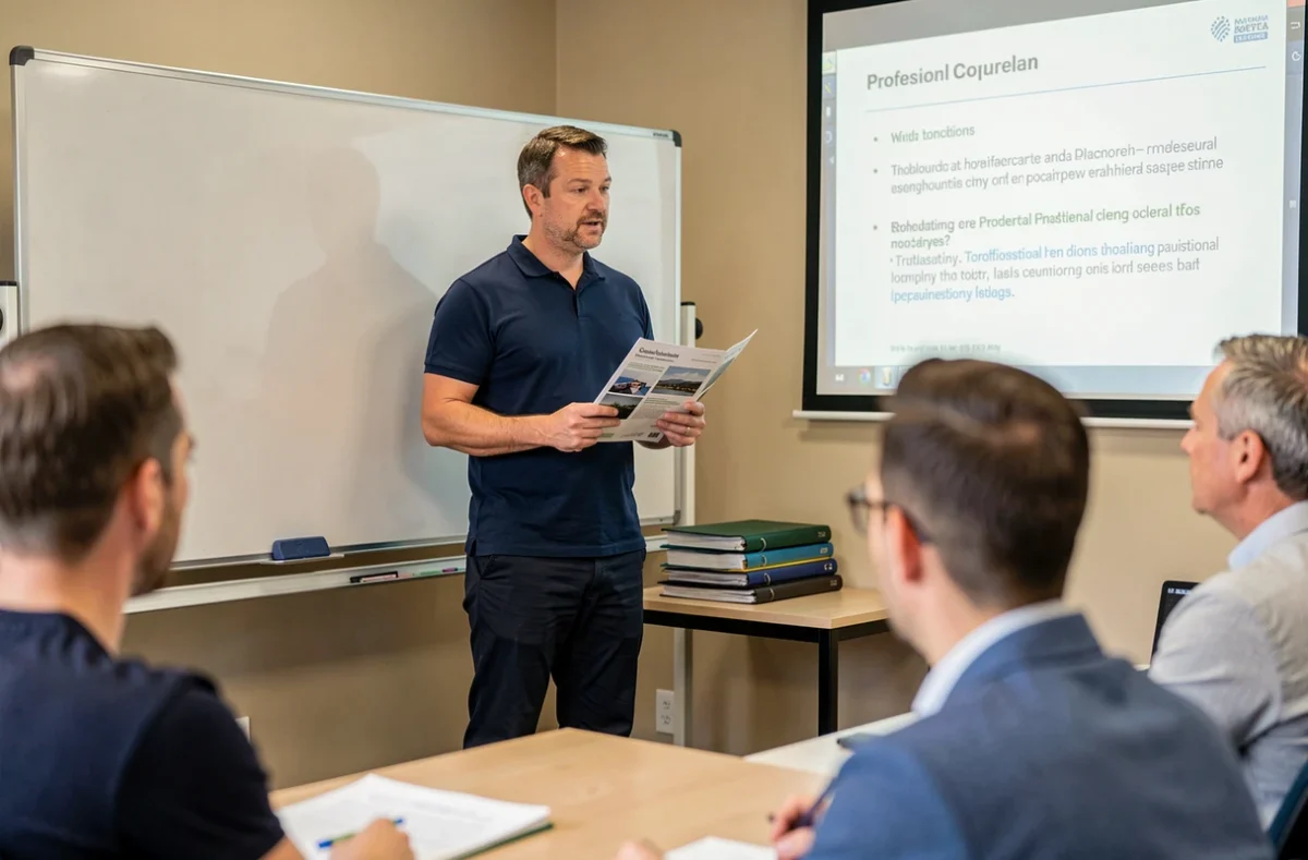 Adulte en reconversion professionnelle participant à une session de formation financée dans une salle de cours