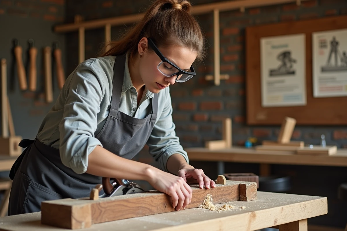 Femme en formation menuiserie utilisant un rabot à main sur un établi en atelier professionnel